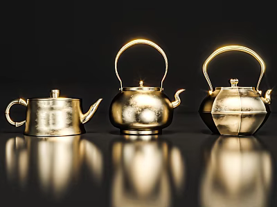 Shiny Golden Metallic Teapot Design Decorative Ornament Set for Home Decor 3d model