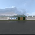 Scenic Wall Design with Wooden Panels Green Plants Glass Windows along Roadside and Grass Area