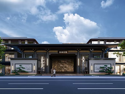 Traditional Chinese Entrance Gate With Inscribed Plaque And Stone Relief Wall Flanked By Ornate Pillars 3d model