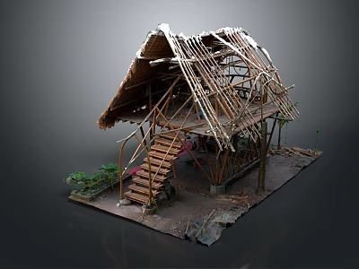 Rustic Wooden House With Thatch Roof Bamboo Frame Wooden Stairs And Surrounding Greenery 3d model