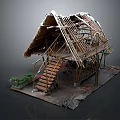 Rustic Wooden House With Thatch Roof Bamboo Frame Wooden Stairs And Surrounding Greenery