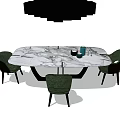 Elegant Marble Dining Table Set With Four Green Upholstered Chairs 3d model