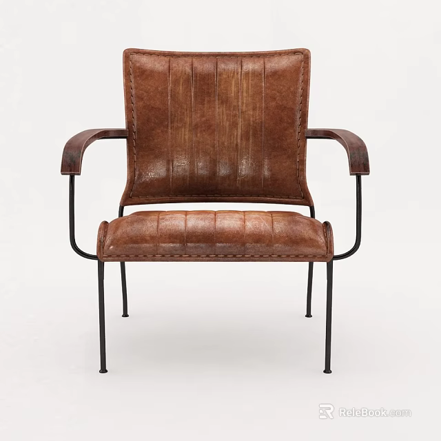 Brown Leather Office Chair With Armrests Stitching Details And Black Metal Frame 3d model 