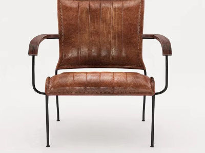 Brown Leather Office Chair With Armrests Stitching Details And Black Metal Frame 3d model