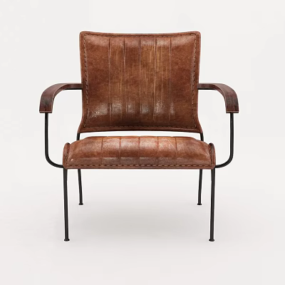 Brown Leather Office Chair With Armrests Stitching Details And Black Metal Frame 3d model