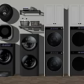 Dark Colored Modern Washing Machines Including Stackable Models And White Storage Cabinets 3d model