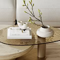 Modern Coffee Table With Glass Top Marble Base Gold Stand And Decorative Vase Branches Books