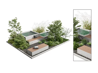 Small Garden Feature With Water Pond Stone Slabs Wooden Bench And Lush Green Plants 3d model