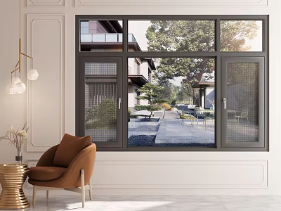 Elegant Casement Window in Bright Interior with Courtyard Trees and Outdoor Scenery 3d model