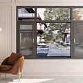 Elegant Casement Window in Bright Interior with Courtyard Trees and Outdoor Scenery