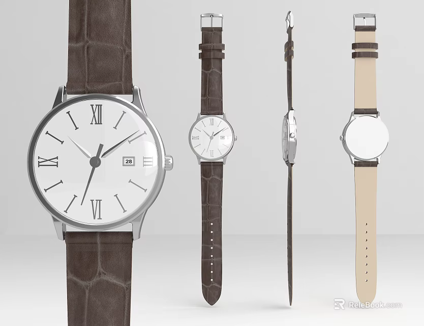 Elegant Modern Watches with Leather Straps and Roman Numeral Dials Displayed in Various Angles 3d model 