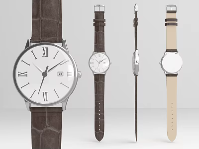 Elegant Modern Watches with Leather Straps and Roman Numeral Dials Displayed in Various Angles 3d model