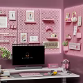Pink Themed Computer Desktop Setup With Perforated Boards Headphones And Decorations 3d model