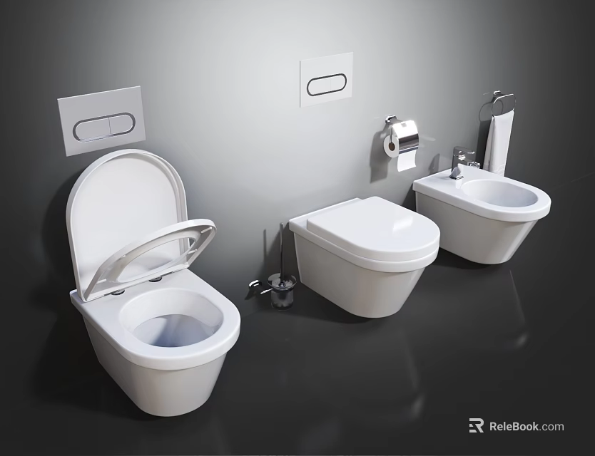 Modern White Wall Mounted Toilets With Toilet Paper Holder And Flush Plates 3d model 