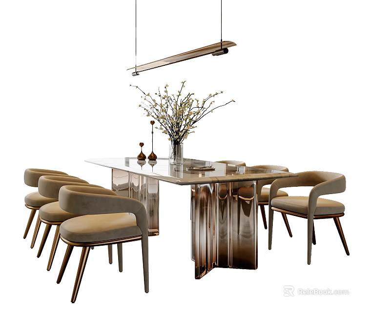Modern Dining Table Set With Beige Upholstered Chairs And Hanging Light 3d model 