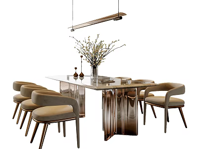 Modern Dining Table Set With Beige Upholstered Chairs And Hanging Light 3d model