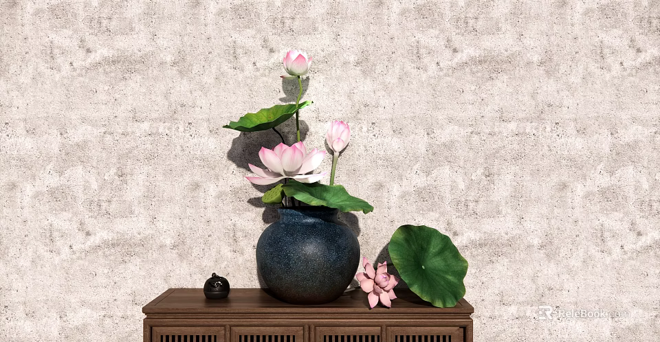 Pink Lotus Flowers In Dark Ceramic Vase On Wooden Cabinet With Gray Textured Wall 3d model 