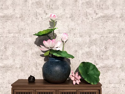 Pink Lotus Flowers In Dark Ceramic Vase On Wooden Cabinet With Gray Textured Wall 3d model