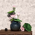 Pink Lotus Flowers In Dark Ceramic Vase On Wooden Cabinet With Gray Textured Wall