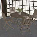 Wooden Round Dining Table and Four Chairs Set with Green Plant Against Wooden Grid Wall
