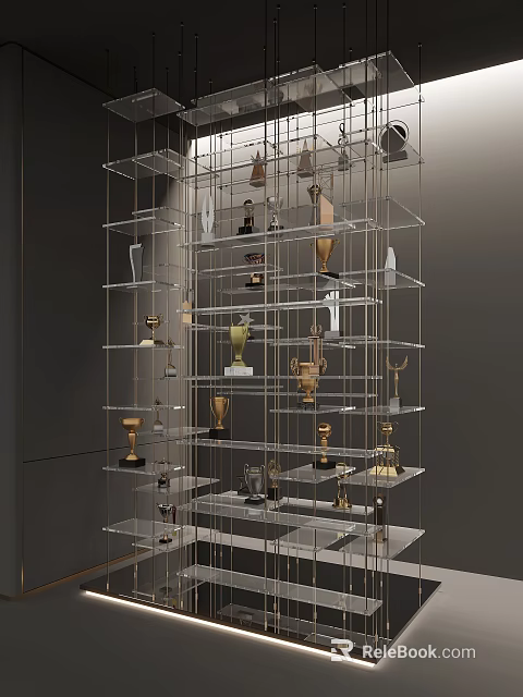 Display Shelf With Metal Grid Structure Showcasing Trophies And Decorations 3d model 