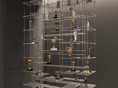 Display Shelf With Metal Grid Structure Showcasing Trophies And Decorations 3d model