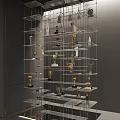 Display Shelf With Metal Grid Structure Showcasing Trophies And Decorations