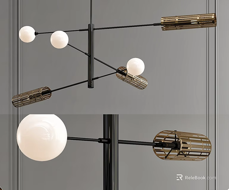 Modern Chandelier With Black Metal Frame White Spherical Bulbs And Golden Accents 3d model 