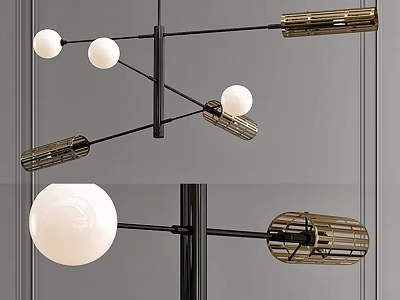 Modern Chandelier With Black Metal Frame White Spherical Bulbs And Golden Accents 3d model