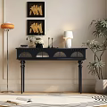 Stylish Black Entryway Console Table with Arched Cutout Design Table Lamp Vase and Framed Artworks