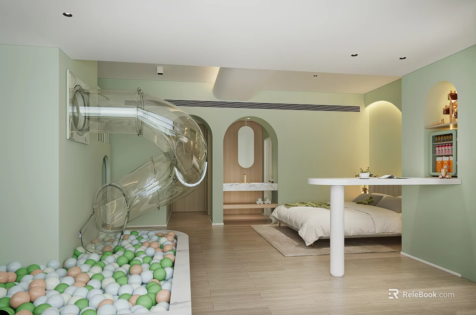 Light Green Hotel Guest Room with Glass Slide Ball Pit Bed and Arch Design 3d model 