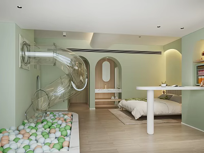 Light Green Hotel Guest Room with Glass Slide Ball Pit Bed and Arch Design 3d model