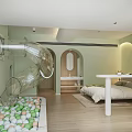 Light Green Hotel Guest Room with Glass Slide Ball Pit Bed and Arch Design