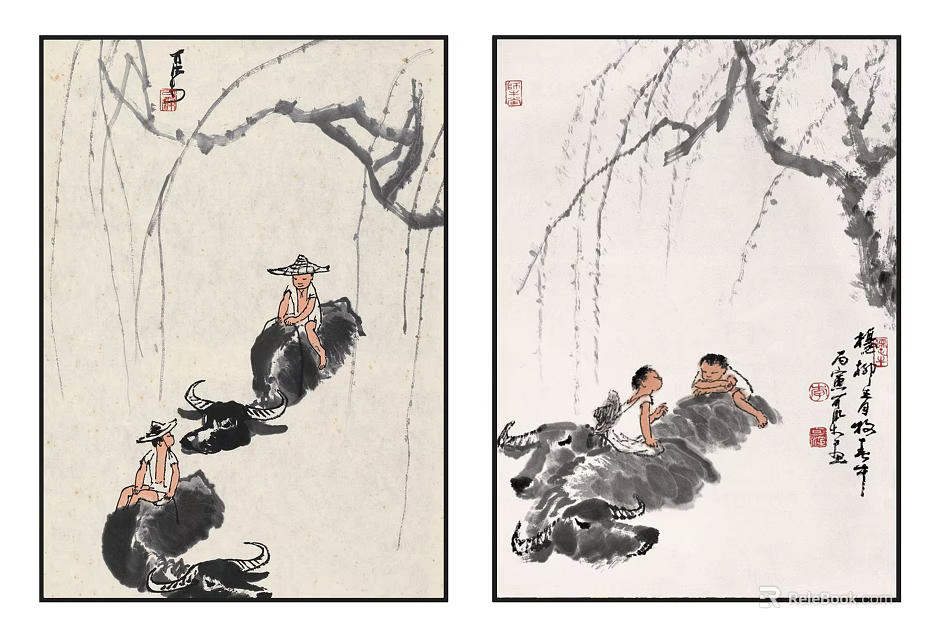 Traditional Chinese Ink Paintings Depicting Herdsmen Cattle And Willow Branches With Calligraphy 3d model 