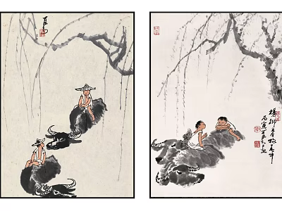Traditional Chinese Ink Paintings Depicting Herdsmen Cattle And Willow Branches With Calligraphy 3d model