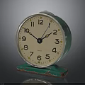 Vintage Green Alarm Clock With Cream Dial Numeral Markings And Rustic Base
