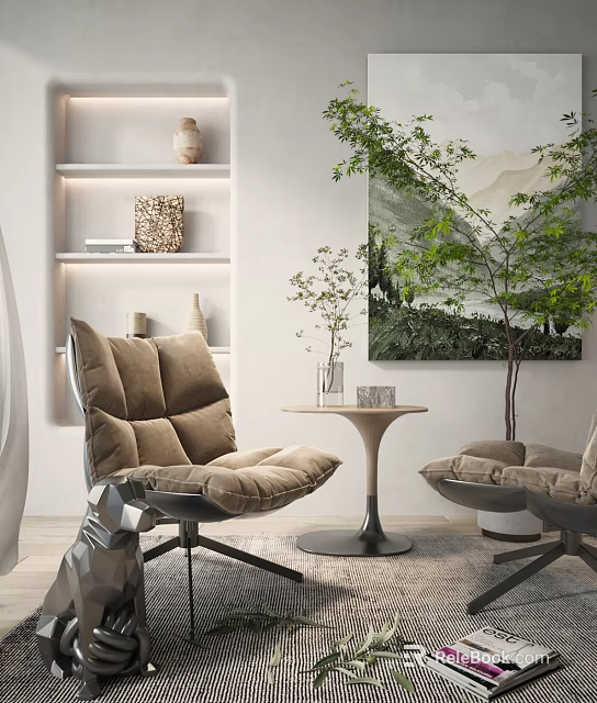 Light Brown Casual Sofa Set With Small Round Table Vase Plants Green Plant And Landscape Painting 3d model 