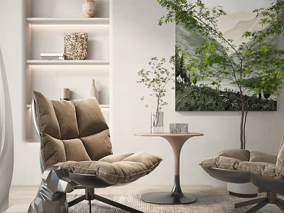 Light Brown Casual Sofa Set With Small Round Table Vase Plants Green Plant And Landscape Painting 3d model