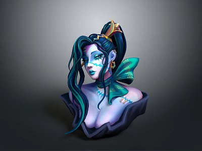 3D Female Bust Sculpture With Green Blue Hair Gold Star Headpiece And Blue Face Markings 3d model