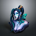 3D Female Bust Sculpture With Green Blue Hair Gold Star Headpiece And Blue Face Markings