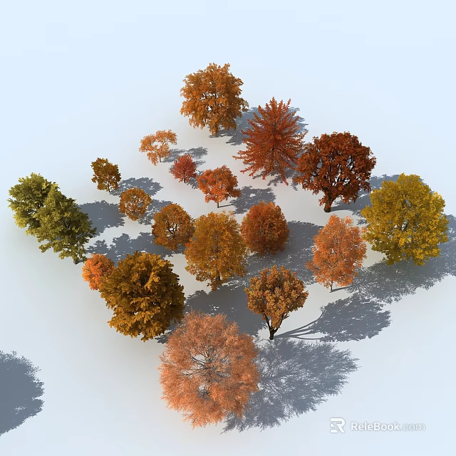 Colorful Diverse Autumn Trees Collection With Orange Red Yellow Green Foliage And Various Crown Shapes 3d model 