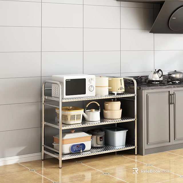 Stainless Steel Kitchen Storage Rack With Microwave Kettle And Storage Containers In Modern Kitchen 3d model 