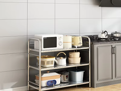 Stainless Steel Kitchen Storage Rack With Microwave Kettle And Storage Containers In Modern Kitchen 3d model
