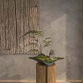 Natural Bonsai Potted Plant with Moss Stones Fern on Wooden Stand Against Gray Wall