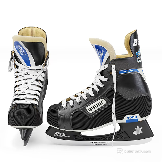 Bauer Ice Hockey Skates Black White With Blue Accents TUUK Blade Canadian Maple Leaf Logo 3d model 