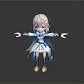 Cartoon Style Woman With Pink Hair Purple Eyes In Blue White Dress And Golden Shoes