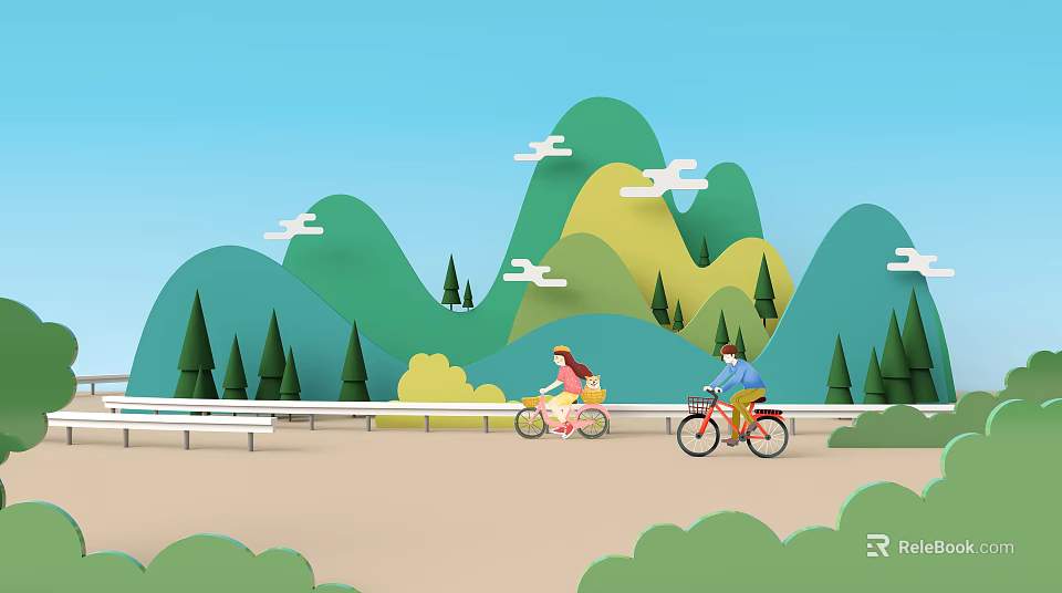 Cartoon Scene of Two People Riding Bicycles on Road With Green Mountains and Blue Sky 3d model 