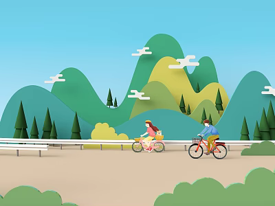 Cartoon Scene of Two People Riding Bicycles on Road With Green Mountains and Blue Sky 3d model