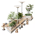 Landscape Seats With Green Plants Lamp Posts And Trees In Outdoor Leisure Area