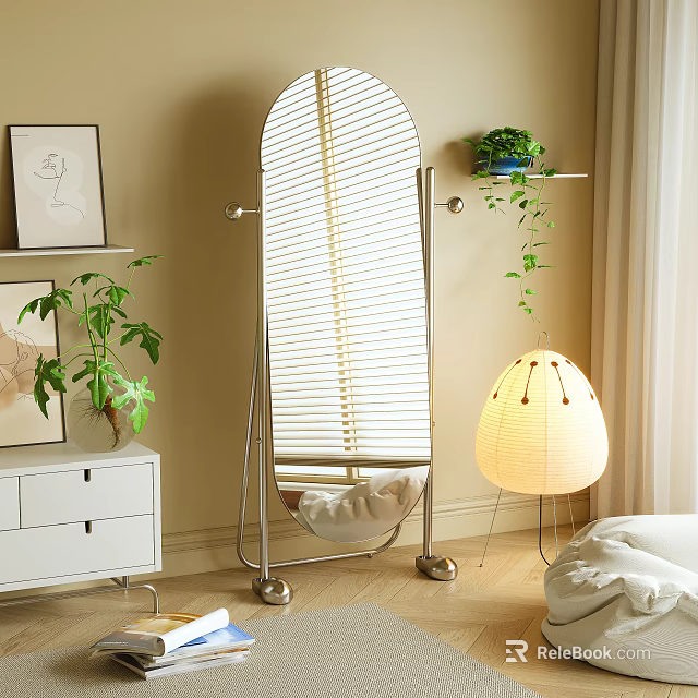 Arched Louvered Floor Mirror With Metal Stand And Green Plants In Modern Interior 3d model 